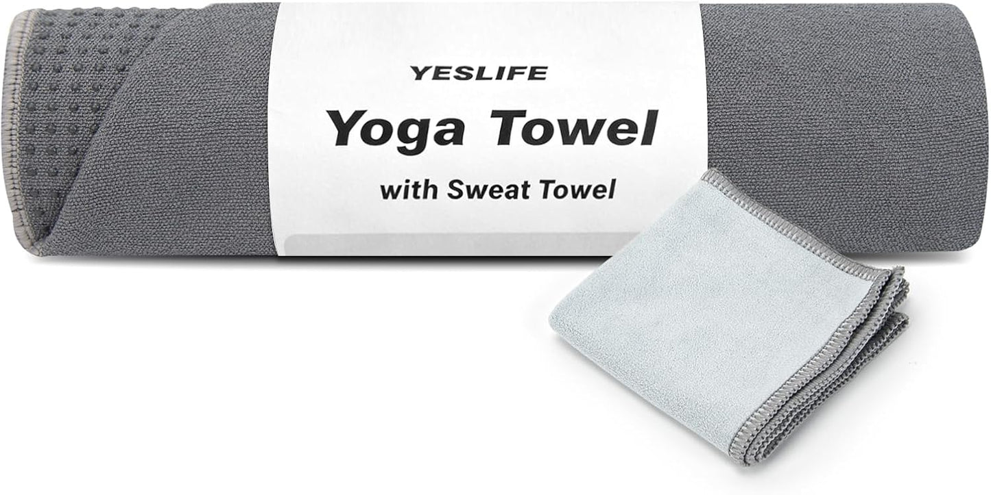Non-Slip Extra Thick Hot Yoga Towel with One Sweat Towel, Microfiber Sweat Absorbent Yoga Mat Towel with Grip Dot, Pilates Mat, 72" x 24", Grey
