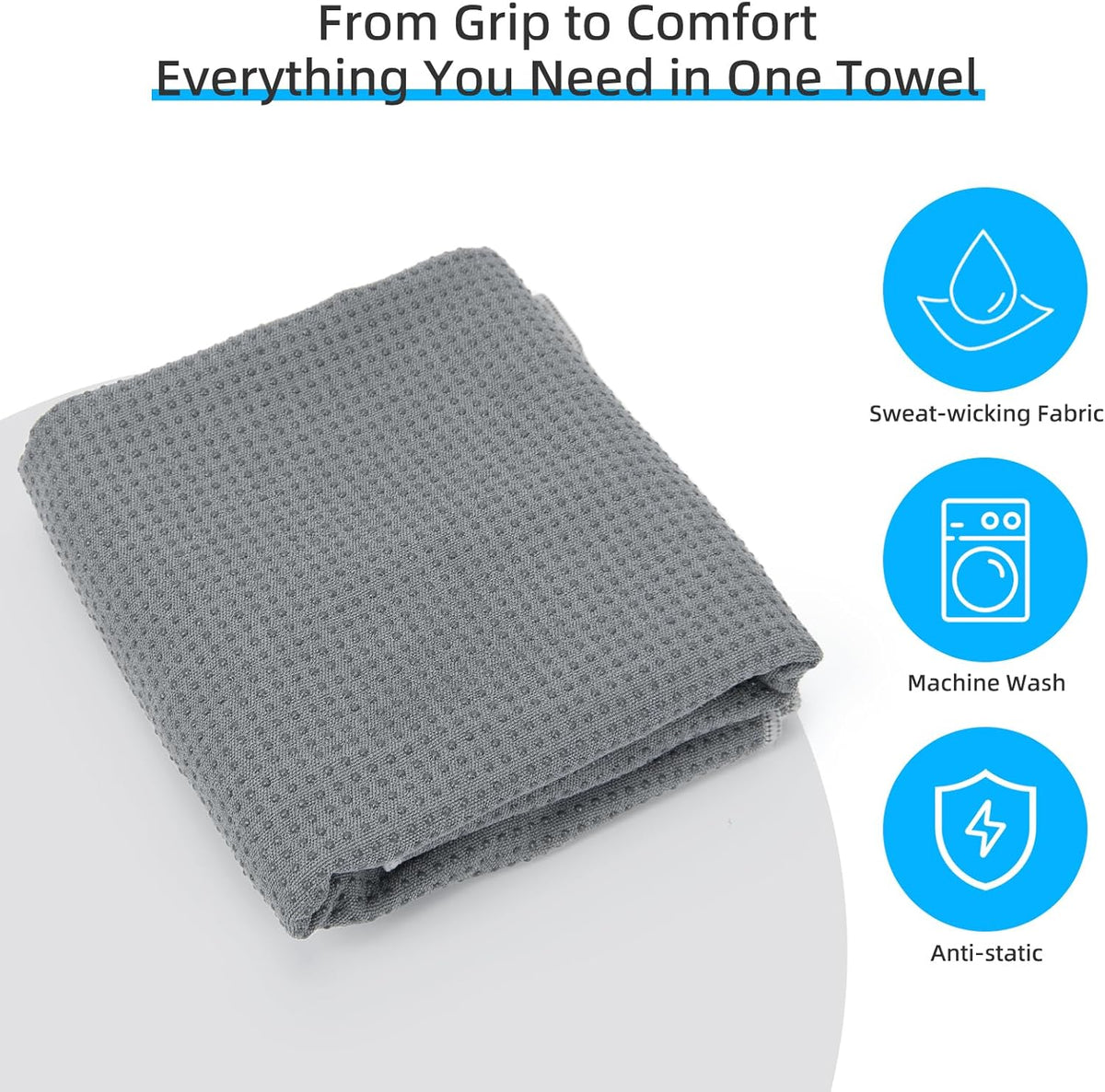 Non-Slip Extra Thick Hot Yoga Towel with One Sweat Towel, Microfiber Sweat Absorbent Yoga Mat Towel with Grip Dot, Pilates Mat, 72" x 24", Grey