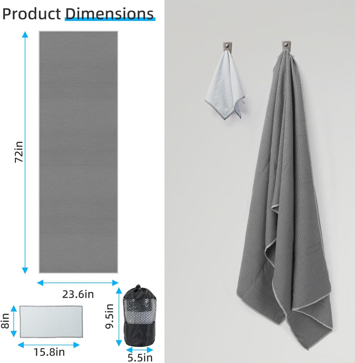 Non-Slip Extra Thick Hot Yoga Towel with One Sweat Towel, Microfiber Sweat Absorbent Yoga Mat Towel with Grip Dot, Pilates Mat, 72" x 24", Grey