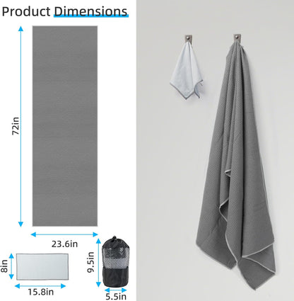 Non-Slip Extra Thick Hot Yoga Towel with One Sweat Towel, Microfiber Sweat Absorbent Yoga Mat Towel with Grip Dot, Pilates Mat, 72" x 24", Grey