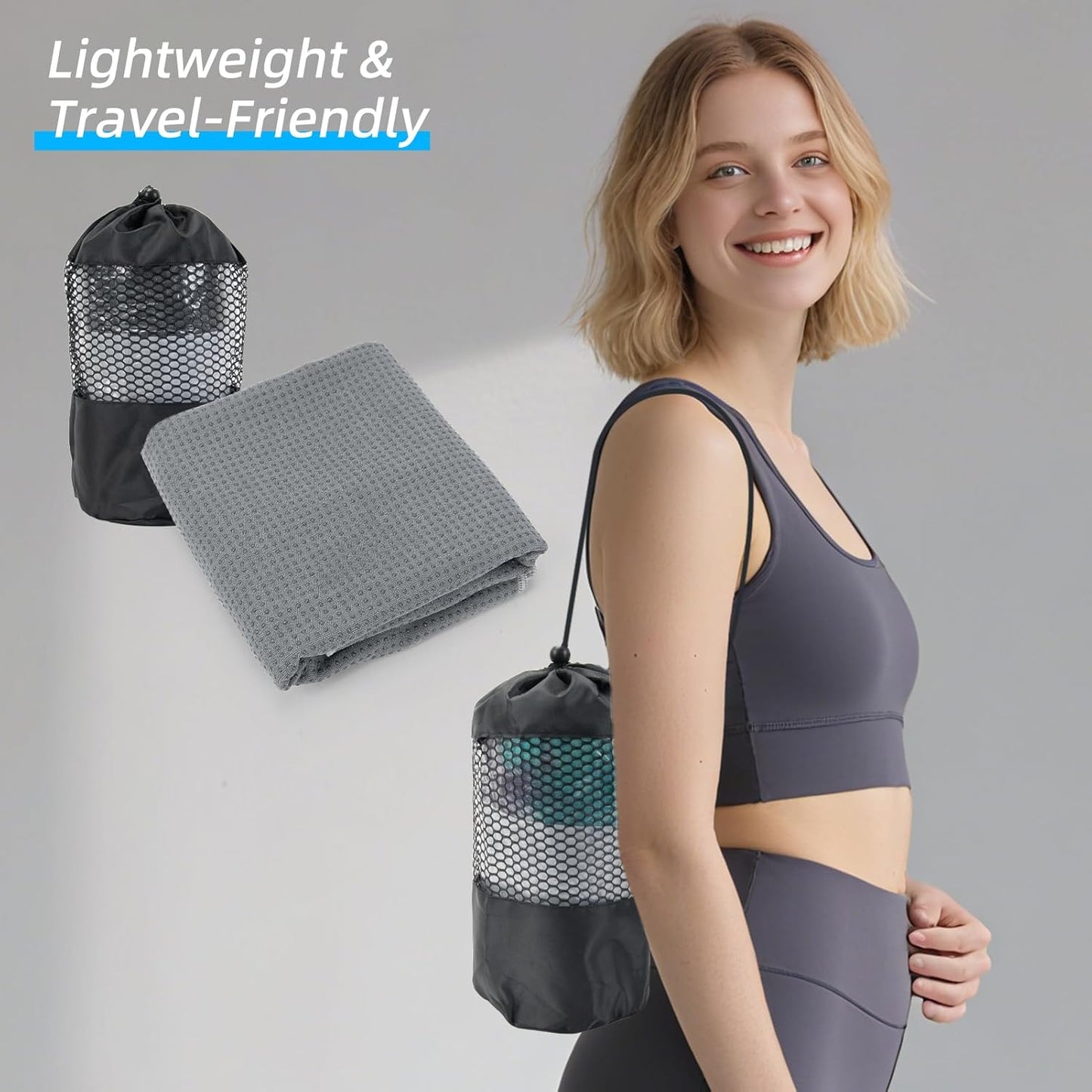Non-Slip Extra Thick Hot Yoga Towel with One Sweat Towel, Microfiber Sweat Absorbent Yoga Mat Towel with Grip Dot, Pilates Mat, 72" x 24", Grey