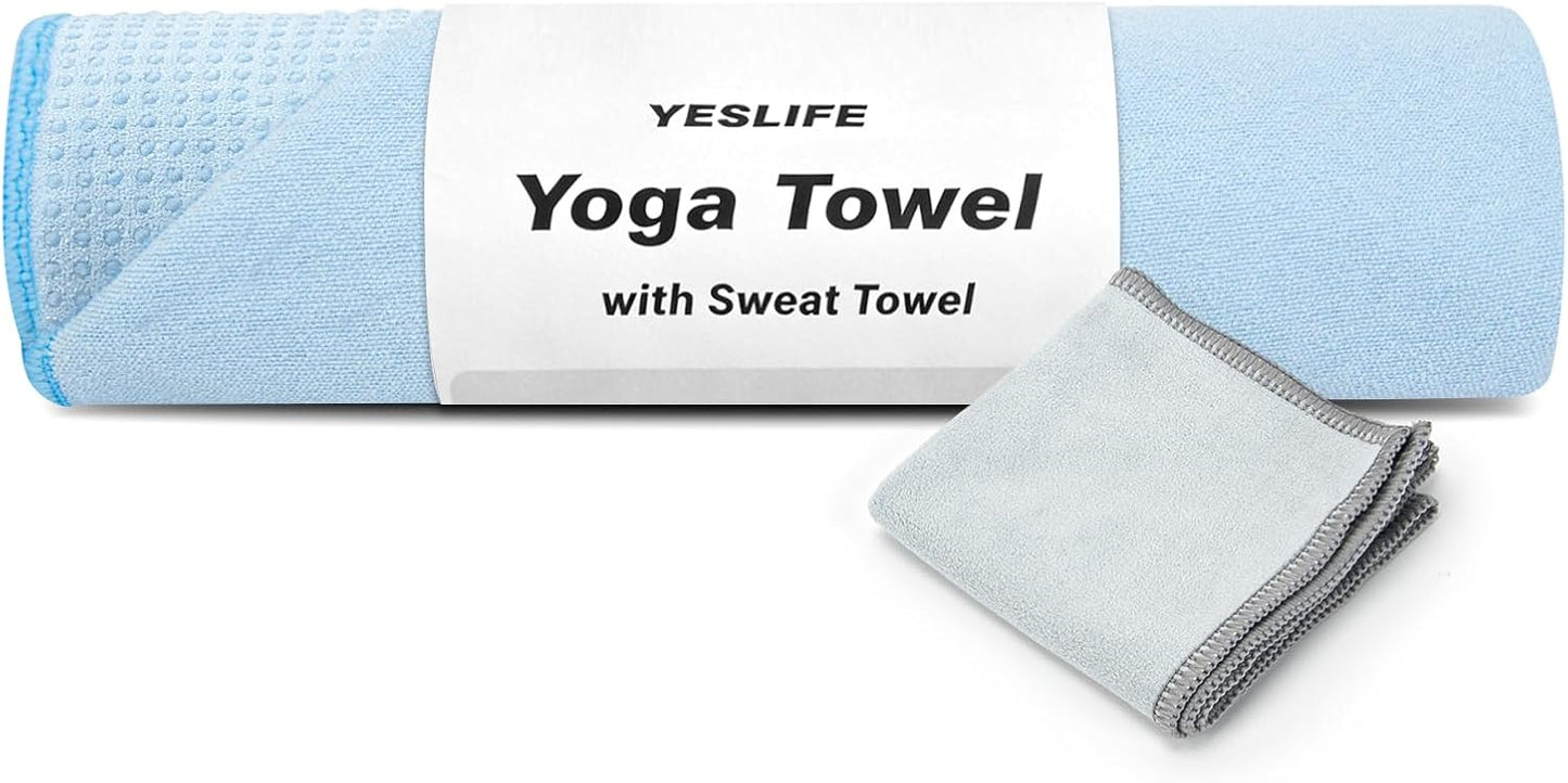 Non-Slip Extra Thick Hot Yoga Towel with One Sweat Towel, Microfiber Sweat Absorbent Yoga Mat Towel with Grip Dot, Pilates Mat, 72" x 24", Grey