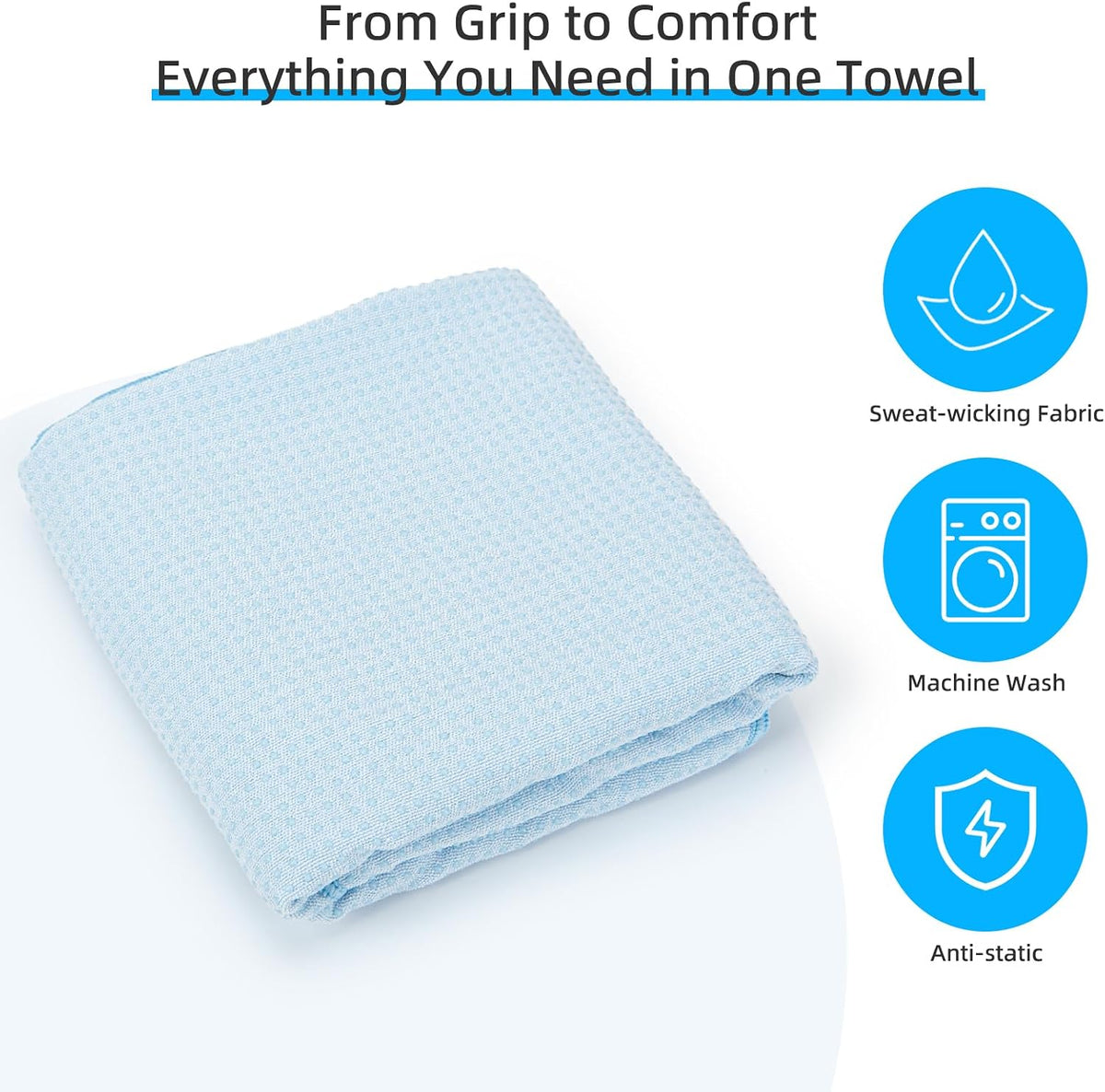 Non-Slip Extra Thick Hot Yoga Towel with One Sweat Towel, Microfiber Sweat Absorbent Yoga Mat Towel with Grip Dot, Pilates Mat, 72" x 24", Grey