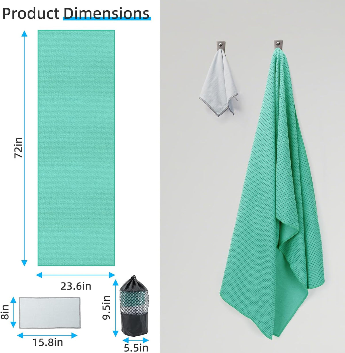 Non-Slip Extra Thick Hot Yoga Towel with One Sweat Towel, Microfiber Sweat Absorbent Yoga Mat Towel with Grip Dot, Pilates Mat, 72" x 24", Grey