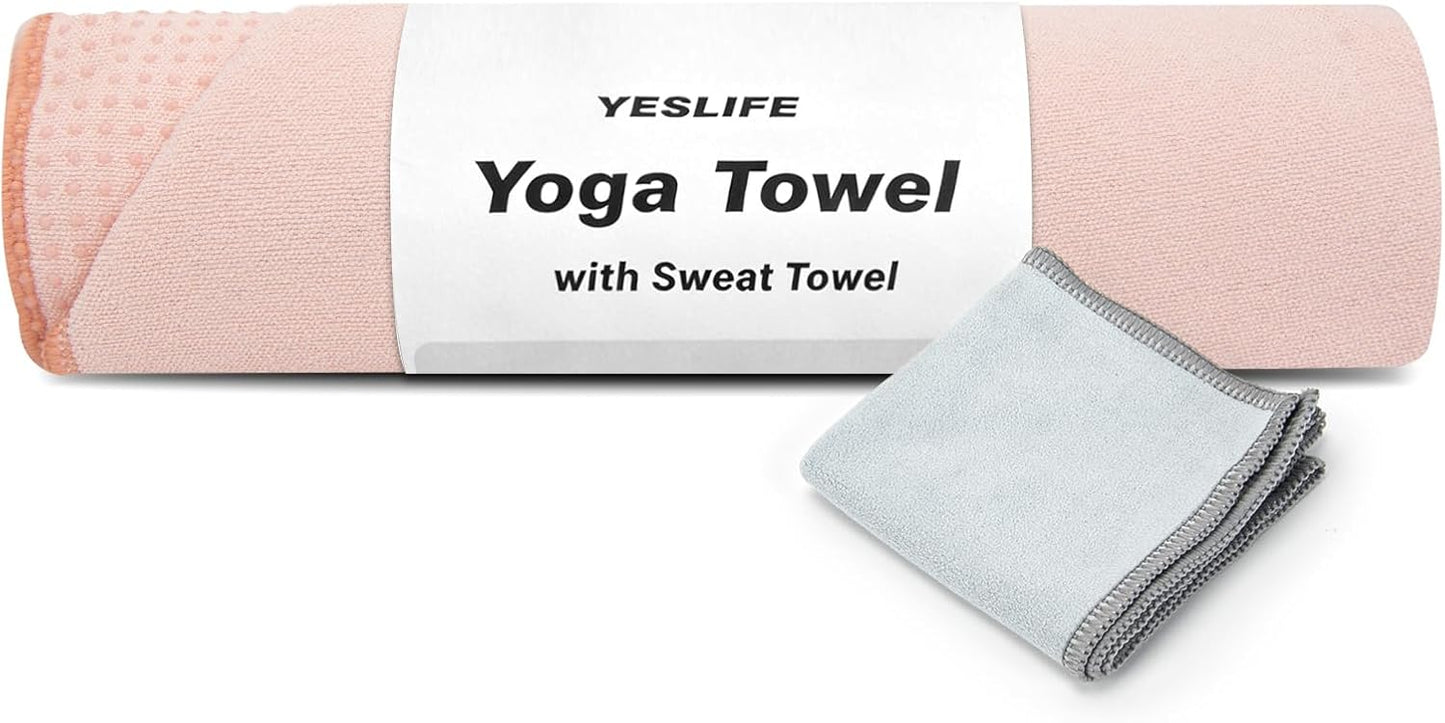 Non-Slip Extra Thick Hot Yoga Towel with One Sweat Towel, Microfiber Sweat Absorbent Yoga Mat Towel with Grip Dot, Pilates Mat, 72" x 24", Grey