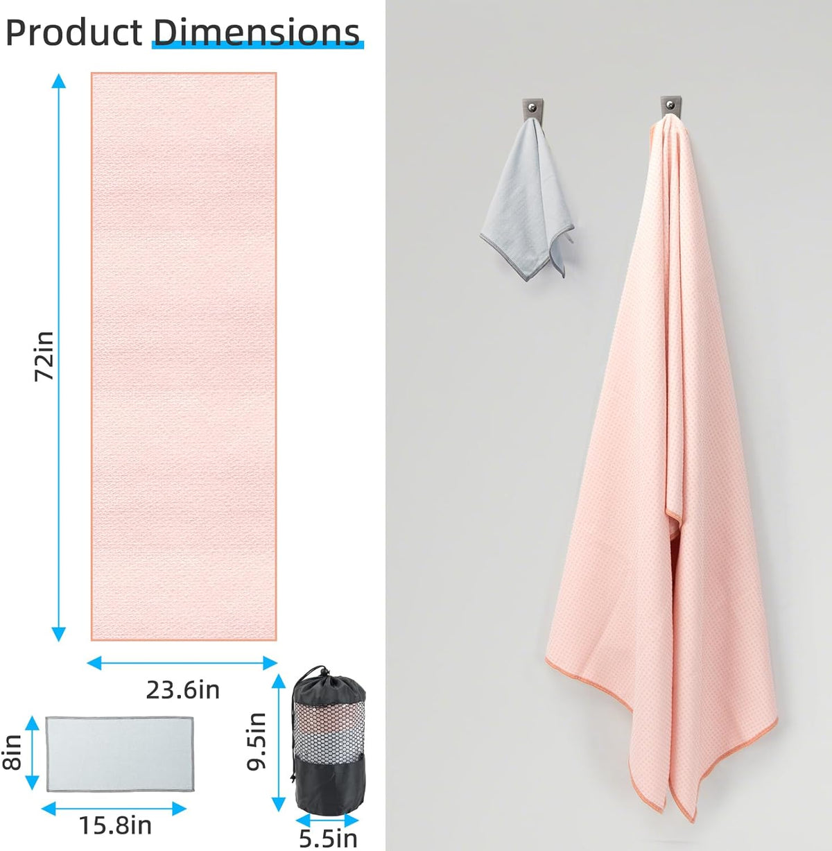 Non-Slip Extra Thick Hot Yoga Towel with One Sweat Towel, Microfiber Sweat Absorbent Yoga Mat Towel with Grip Dot, Pilates Mat, 72" x 24", Grey