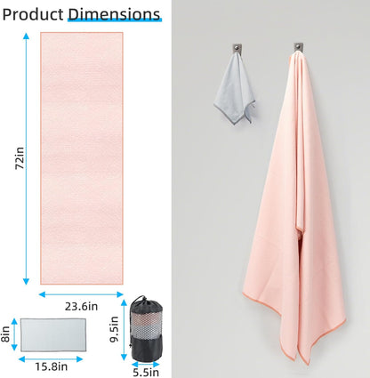 Non-Slip Extra Thick Hot Yoga Towel with One Sweat Towel, Microfiber Sweat Absorbent Yoga Mat Towel with Grip Dot, Pilates Mat, 72" x 24", Grey