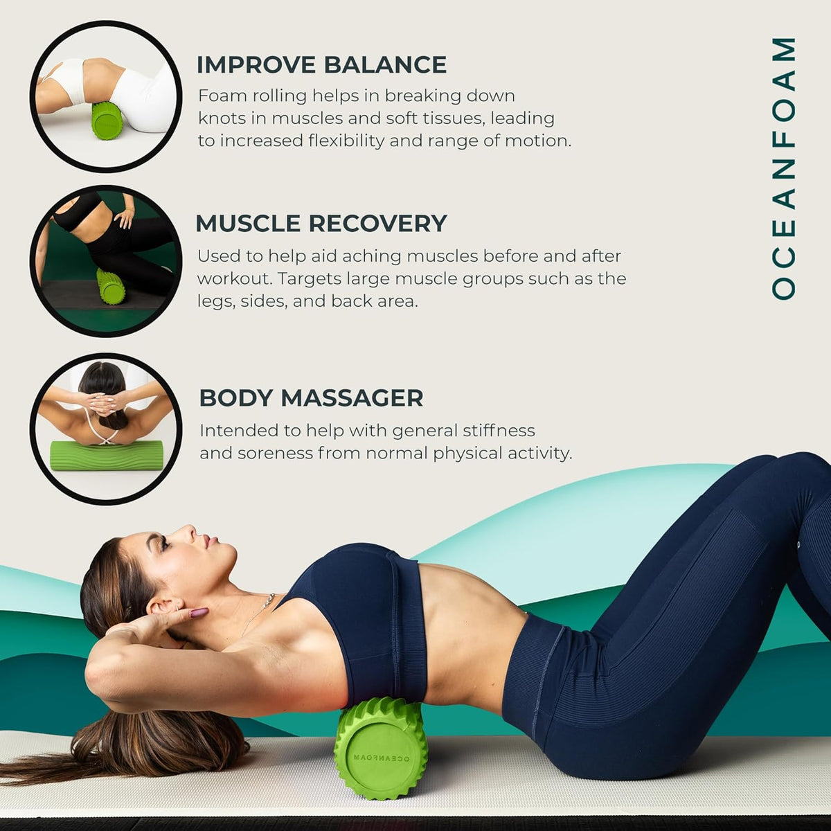 Tidal Roller - Natural - Muscle Massage Foam Roller for Back Pain & Stretching - Firm and Ergonomic Wide Wave Textured - Yoga, Athletics, & Wellness - Full Size, 20" x 5" - Colors A