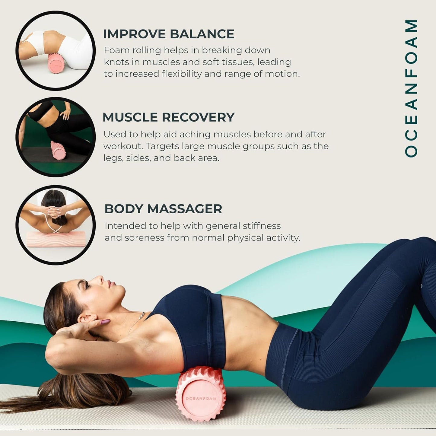 Tidal Roller - Natural - Muscle Massage Foam Roller for Back Pain & Stretching - Firm and Ergonomic Wide Wave Textured - Yoga, Athletics, & Wellness - Full Size, 20" x 5" - Colors A