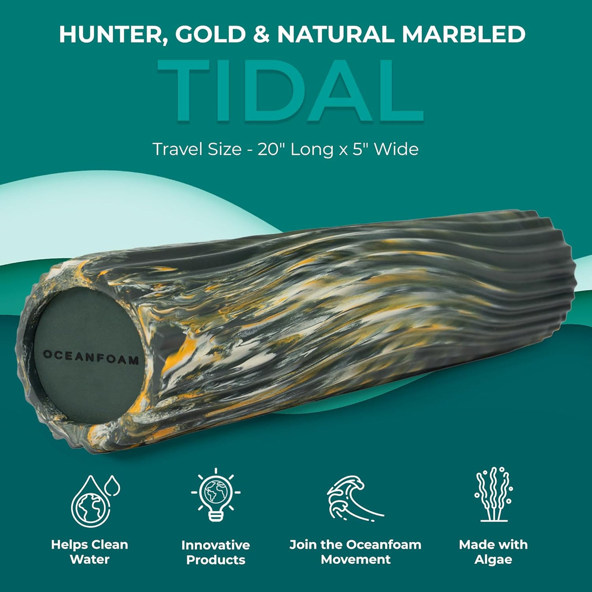 Tidal Roller - Natural - Muscle Massage Foam Roller for Back Pain & Stretching - Firm and Ergonomic Wide Wave Textured - Yoga, Athletics, & Wellness - Full Size, 20" x 5" - Colors A