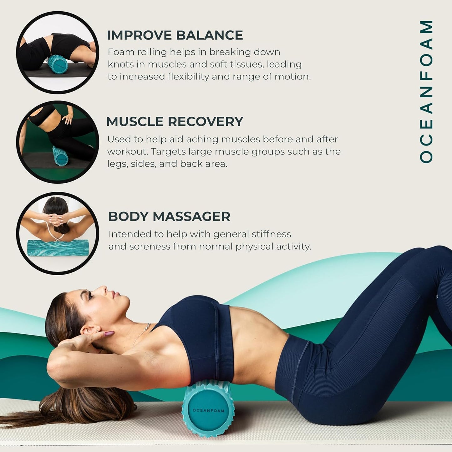Tidal Roller - Natural - Muscle Massage Foam Roller for Back Pain & Stretching - Firm and Ergonomic Wide Wave Textured - Yoga, Athletics, & Wellness - Full Size, 20" x 5" - Colors A