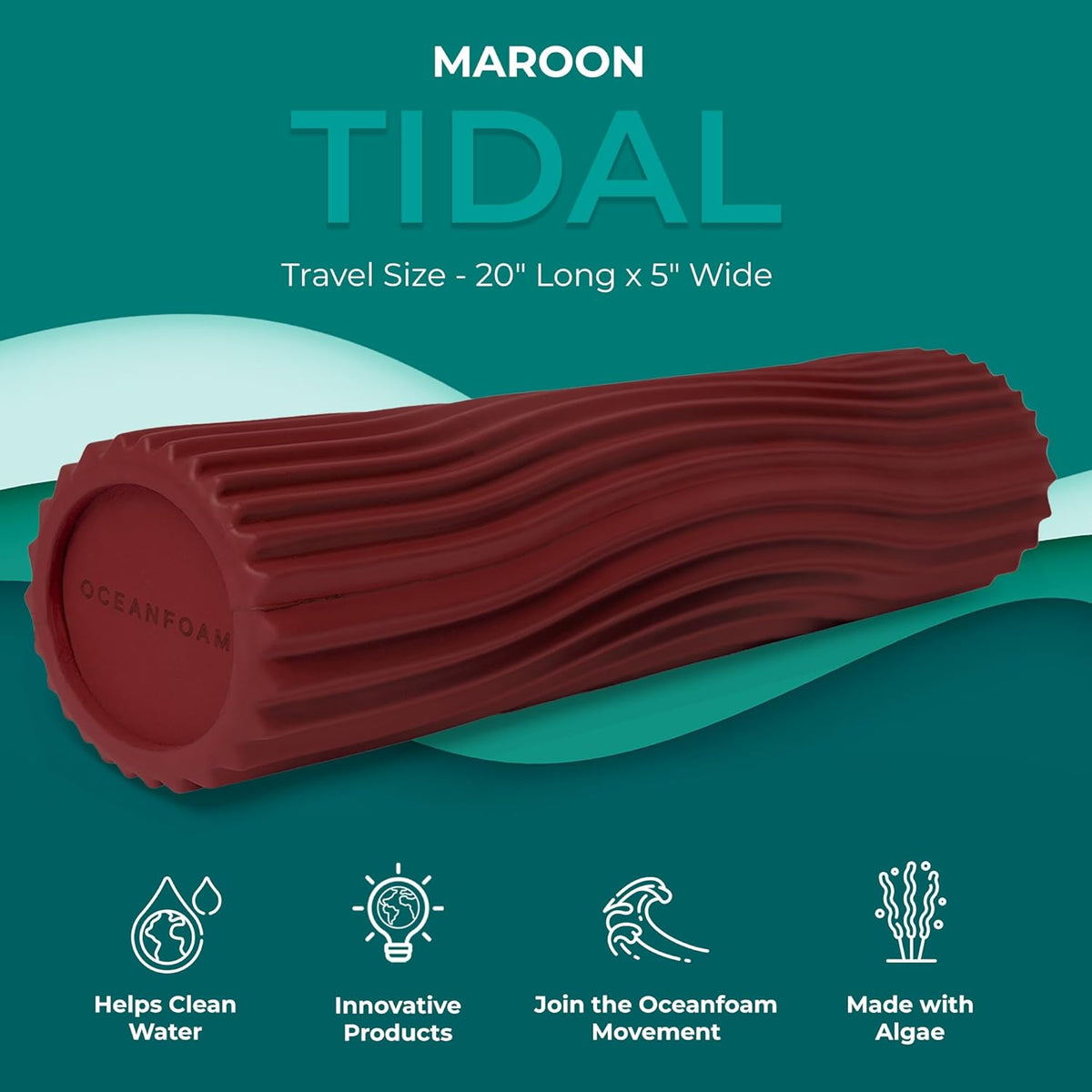 Tidal Roller - Natural - Muscle Massage Foam Roller for Back Pain & Stretching - Firm and Ergonomic Wide Wave Textured - Yoga, Athletics, & Wellness - Full Size, 20" x 5" - Colors A
