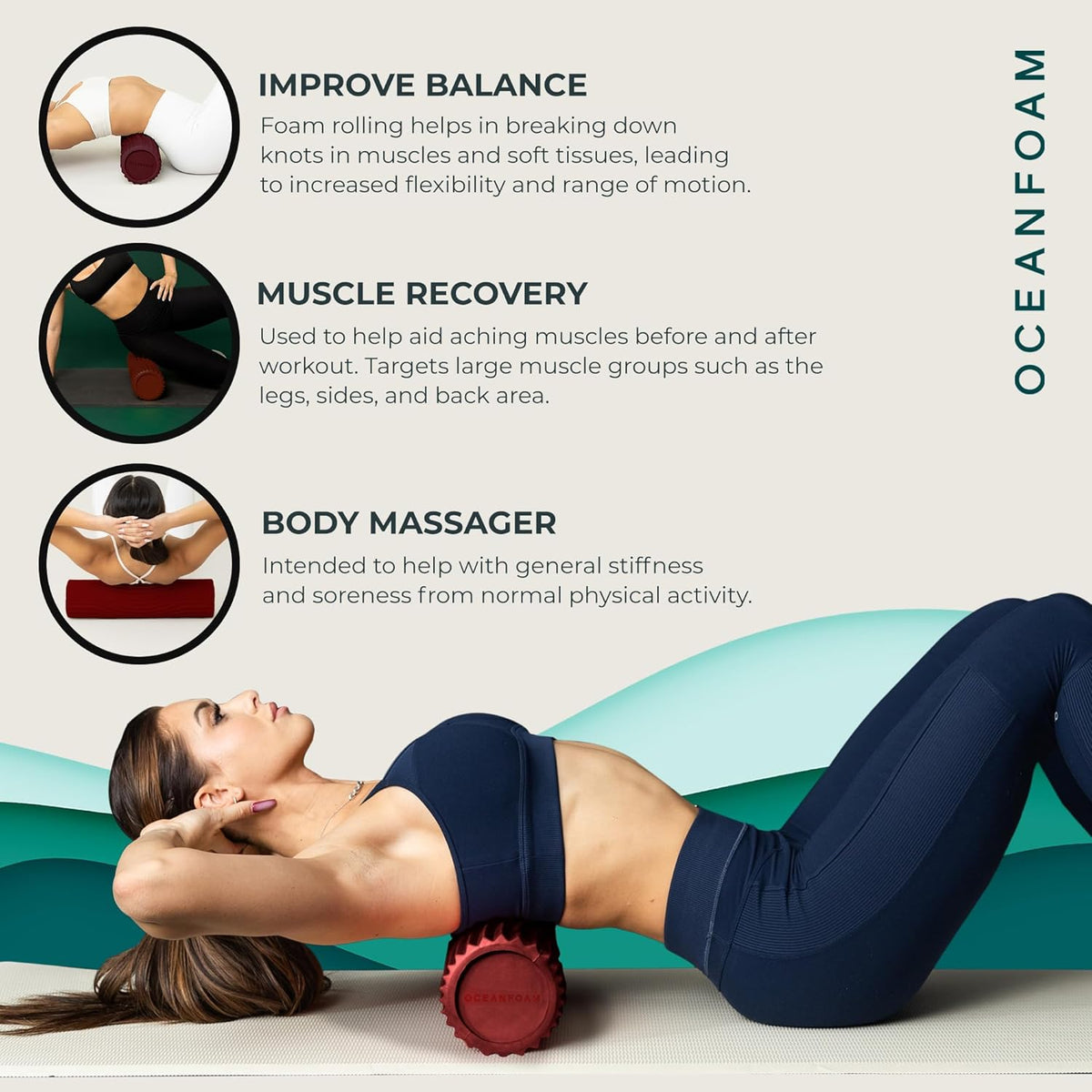 Tidal Roller - Natural - Muscle Massage Foam Roller for Back Pain & Stretching - Firm and Ergonomic Wide Wave Textured - Yoga, Athletics, & Wellness - Full Size, 20" x 5" - Colors A