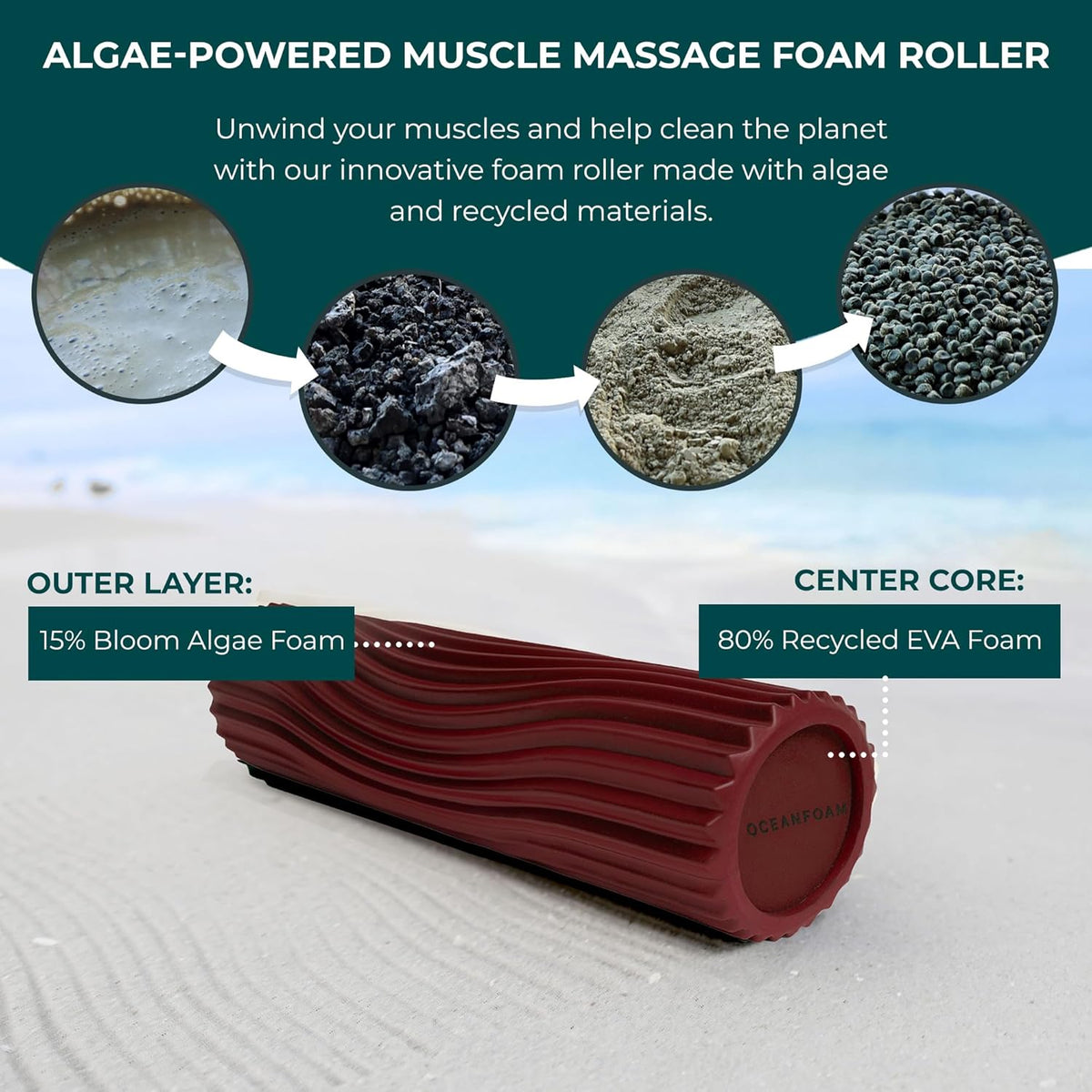 Tidal Roller - Natural - Muscle Massage Foam Roller for Back Pain & Stretching - Firm and Ergonomic Wide Wave Textured - Yoga, Athletics, & Wellness - Full Size, 20" x 5" - Colors A