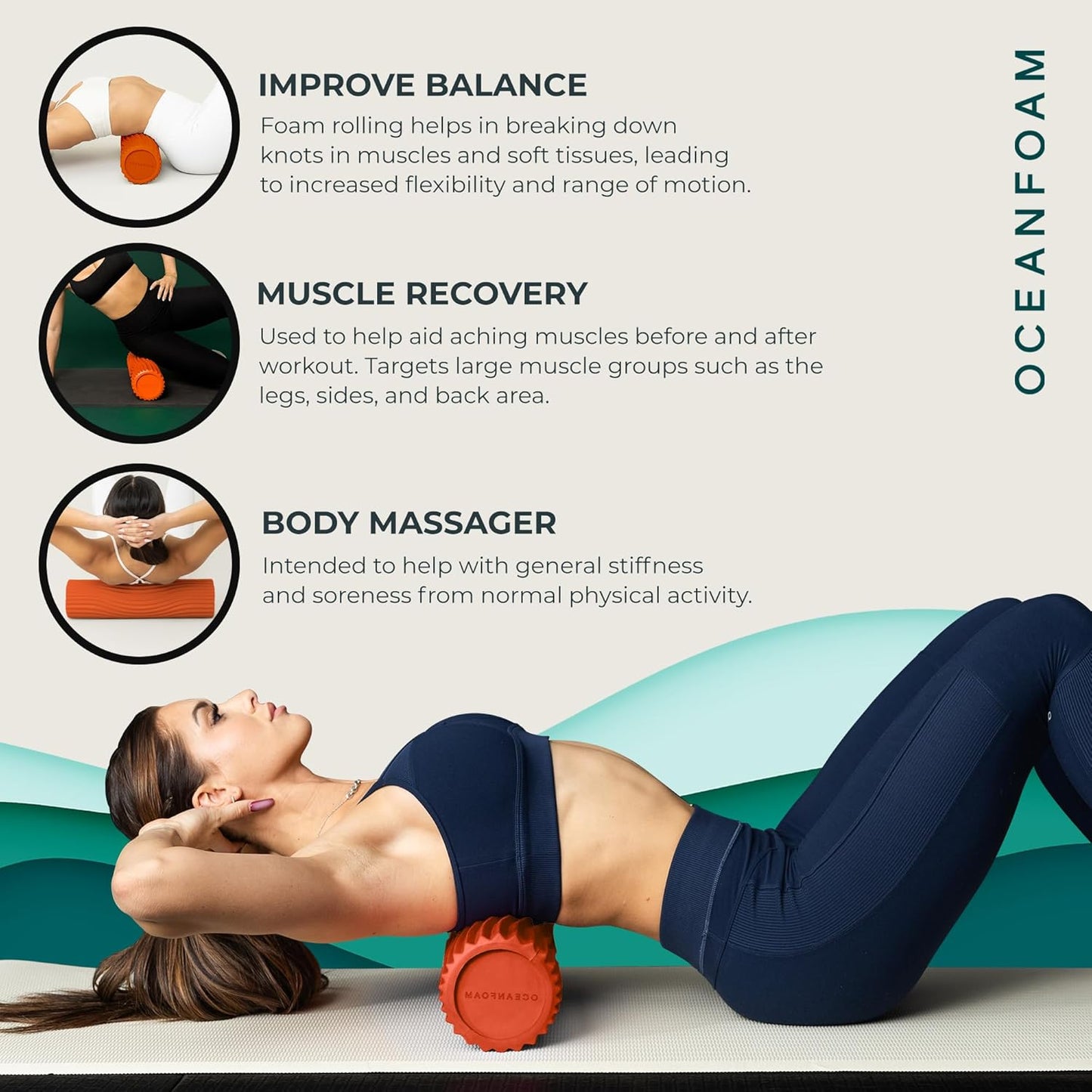 Tidal Roller - Natural - Muscle Massage Foam Roller for Back Pain & Stretching - Firm and Ergonomic Wide Wave Textured - Yoga, Athletics, & Wellness - Full Size, 20" x 5" - Colors A