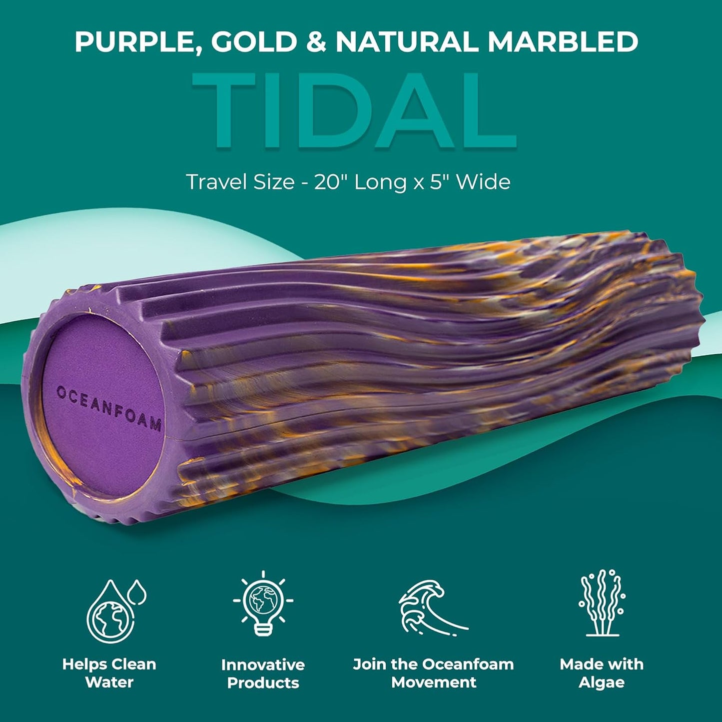 Tidal Roller - Natural - Muscle Massage Foam Roller for Back Pain & Stretching - Firm and Ergonomic Wide Wave Textured - Yoga, Athletics, & Wellness - Full Size, 20" x 5" - Colors A