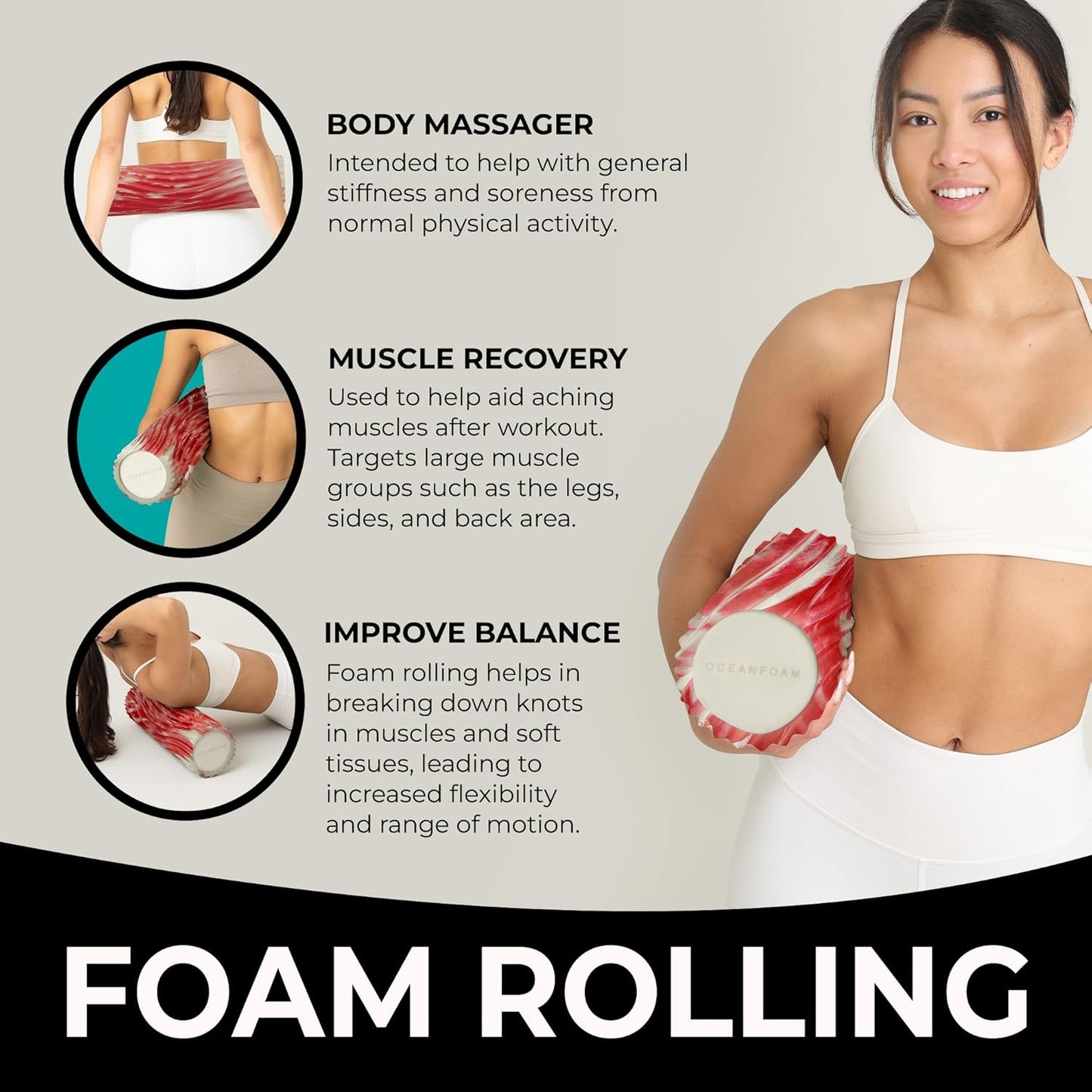 Tidal Roller - Natural - Muscle Massage Foam Roller for Back Pain & Stretching - Firm and Ergonomic Wide Wave Textured - Yoga, Athletics, & Wellness - Full Size, 20" x 5" - Colors A