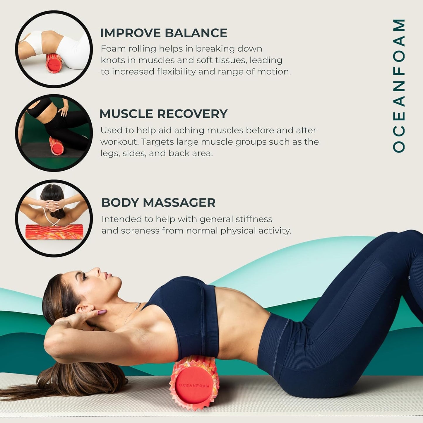 Tidal Roller - Natural - Muscle Massage Foam Roller for Back Pain & Stretching - Firm and Ergonomic Wide Wave Textured - Yoga, Athletics, & Wellness - Full Size, 20" x 5" - Colors A