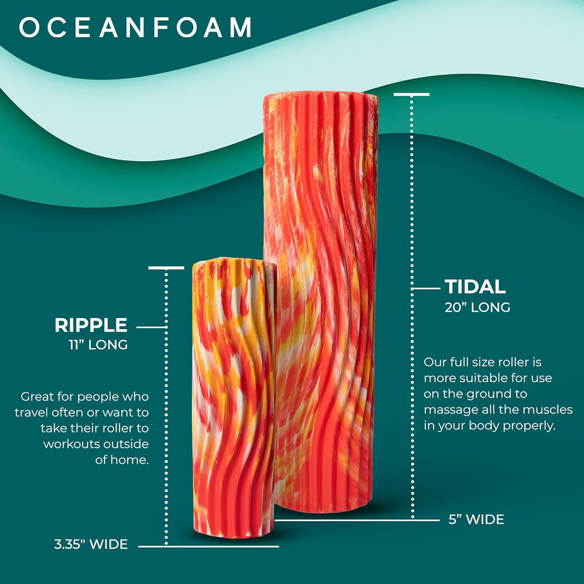Tidal Roller - Natural - Muscle Massage Foam Roller for Back Pain & Stretching - Firm and Ergonomic Wide Wave Textured - Yoga, Athletics, & Wellness - Full Size, 20" x 5" - Colors A