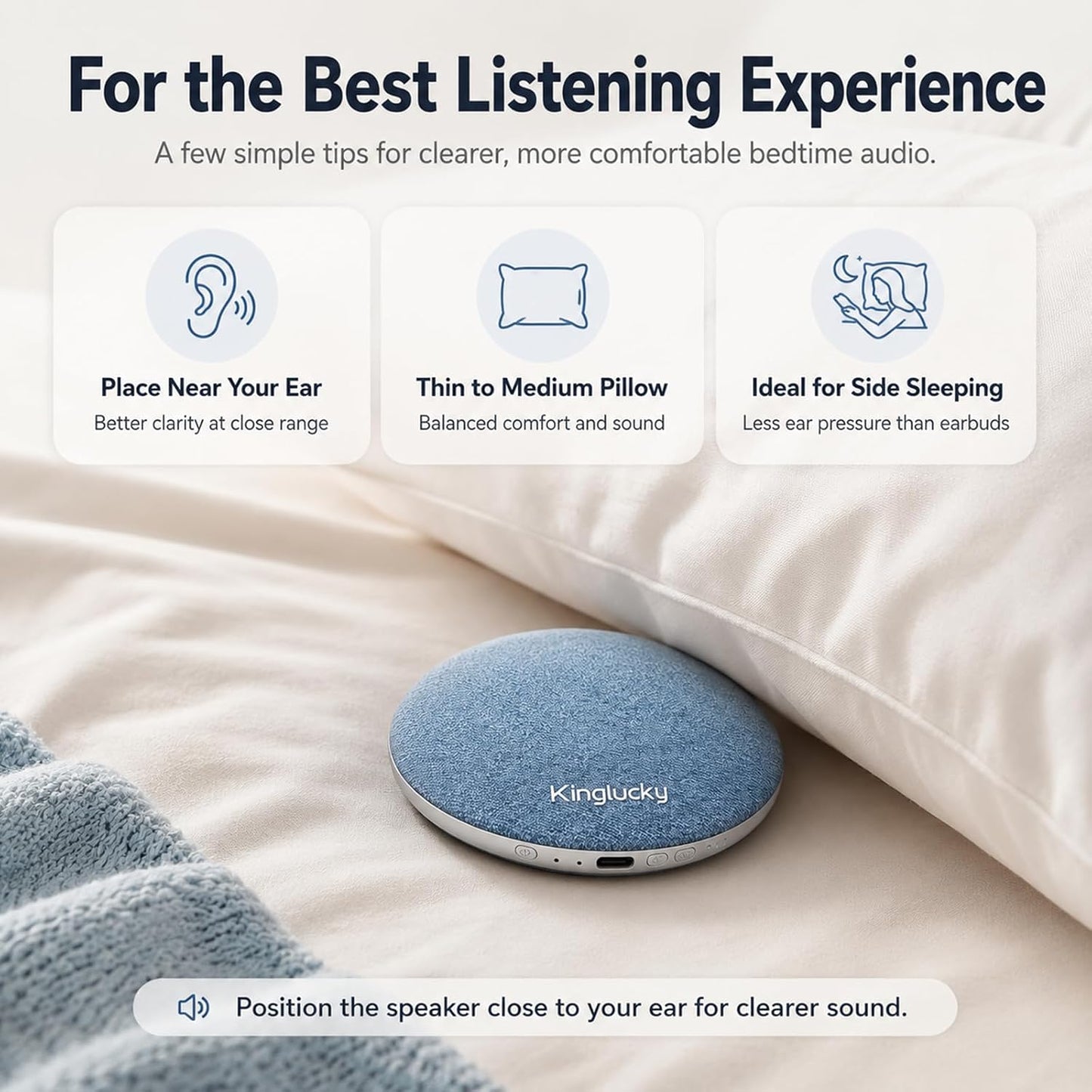 Mini Bluetooth Pillow Speaker, Pink | Built-in Pink Noise White Noise Sound Machine, Under Pillow Design, Headphone-Free, Rechargeable For Side Sleeper
