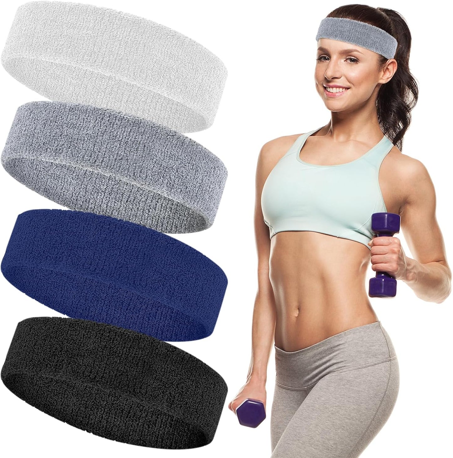 4 Pack Sweatbands for Men & Women – Soft & Absorbent Cotton Terry Headbands for Sports, Gym, Running, Basketball, and Workouts