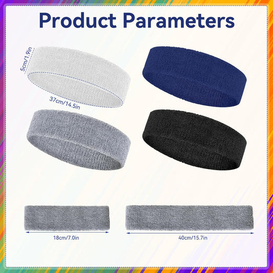 4 Pack Sweatbands for Men & Women – Soft & Absorbent Cotton Terry Headbands for Sports, Gym, Running, Basketball, and Workouts