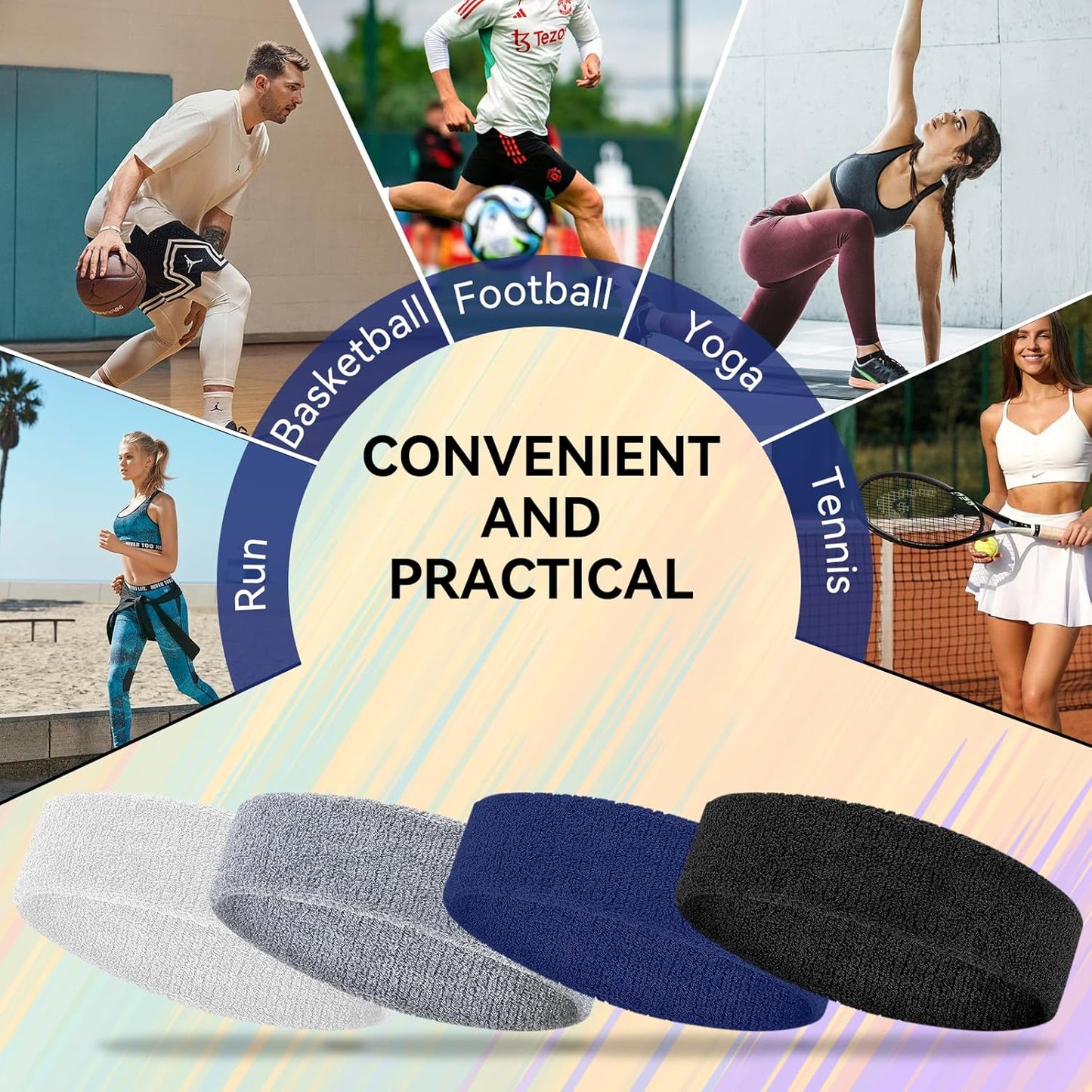 4 Pack Sweatbands for Men & Women – Soft & Absorbent Cotton Terry Headbands for Sports, Gym, Running, Basketball, and Workouts
