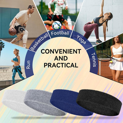 4 Pack Sweatbands for Men & Women – Soft & Absorbent Cotton Terry Headbands for Sports, Gym, Running, Basketball, and Workouts