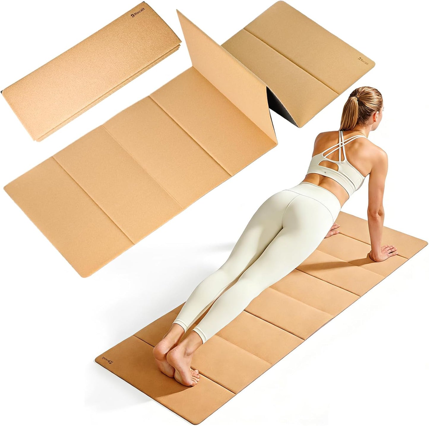 Foldable Cork Yoga Mat, Non Slip Travel Pilates Workout Mat | 69 x 24 x 0.25 in, accordion-fold design, POE backing, carry strap for yoga, stretching and travel