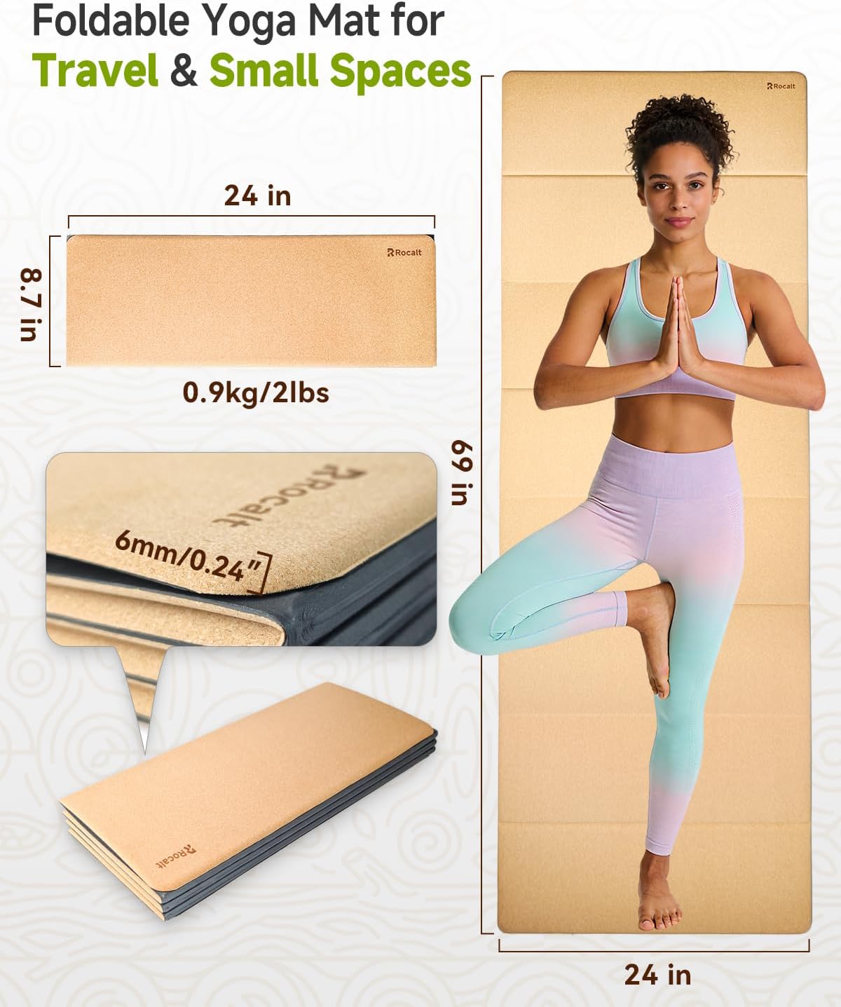 Foldable Cork Yoga Mat, Non Slip Travel Pilates Workout Mat | 69 x 24 x 0.25 in, accordion-fold design, POE backing, carry strap for yoga, stretching and travel