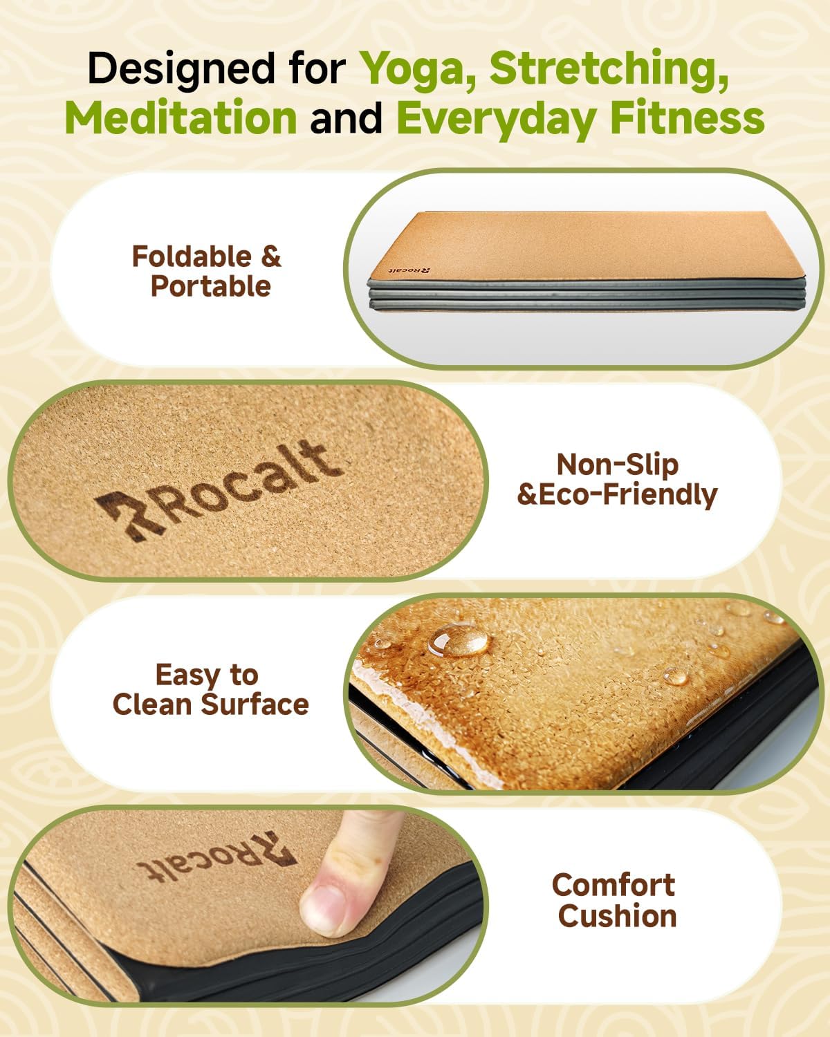 Foldable Cork Yoga Mat, Non Slip Travel Pilates Workout Mat | 69 x 24 x 0.25 in, accordion-fold design, POE backing, carry strap for yoga, stretching and travel