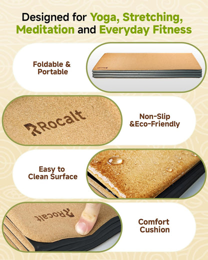 Foldable Cork Yoga Mat, Non Slip Travel Pilates Workout Mat | 69 x 24 x 0.25 in, accordion-fold design, POE backing, carry strap for yoga, stretching and travel