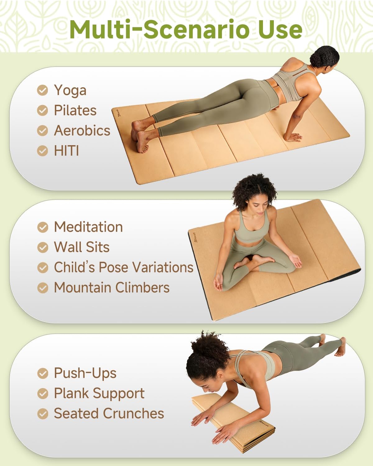 Foldable Cork Yoga Mat, Non Slip Travel Pilates Workout Mat | 69 x 24 x 0.25 in, accordion-fold design, POE backing, carry strap for yoga, stretching and travel