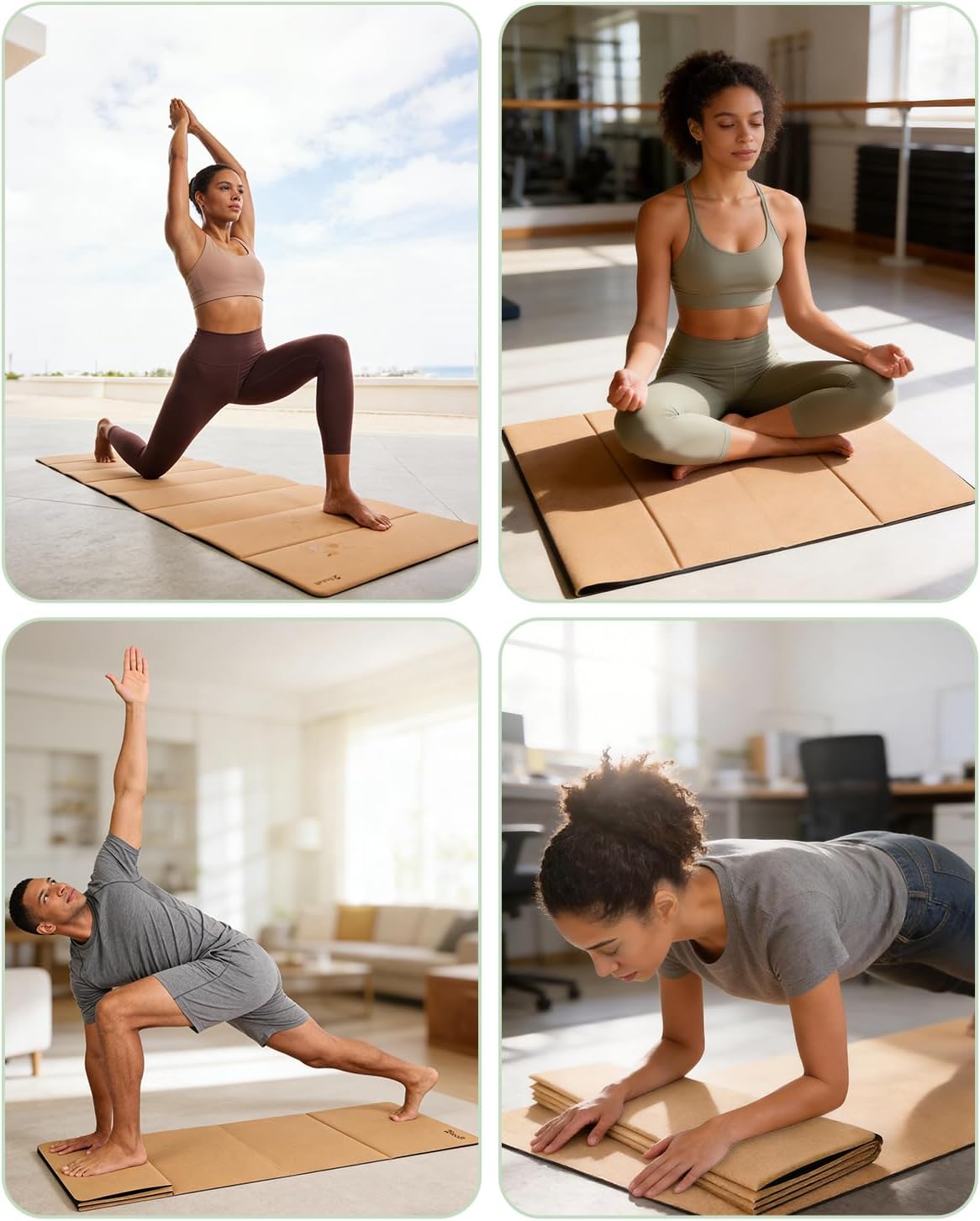 Foldable Cork Yoga Mat, Non Slip Travel Pilates Workout Mat | 69 x 24 x 0.25 in, accordion-fold design, POE backing, carry strap for yoga, stretching and travel