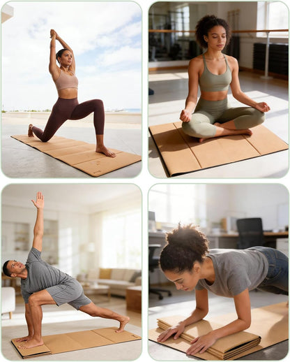 Foldable Cork Yoga Mat, Non Slip Travel Pilates Workout Mat | 69 x 24 x 0.25 in, accordion-fold design, POE backing, carry strap for yoga, stretching and travel