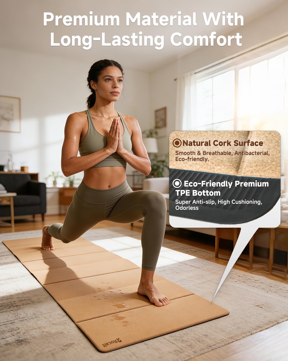 Foldable Cork Yoga Mat, Non Slip Travel Pilates Workout Mat | 69 x 24 x 0.25 in, accordion-fold design, POE backing, carry strap for yoga, stretching and travel