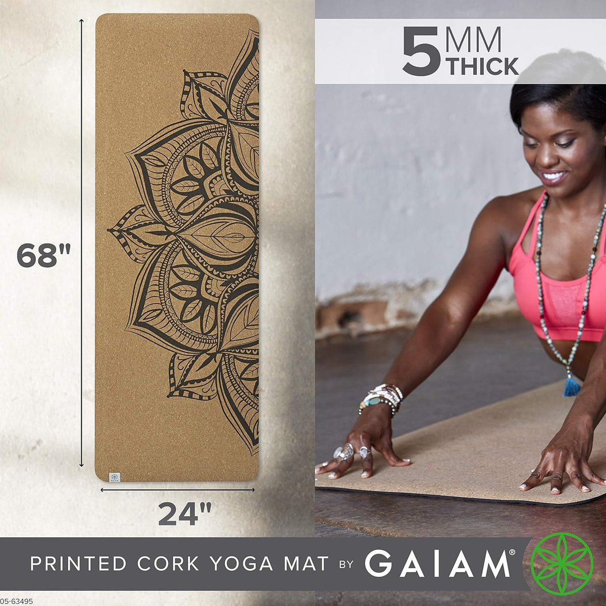 Cork Yoga Exercise Mat | Natural Sustainable Cork Resists Sweat and Odors | Non-Slip TPE Backing Prevents Slipping| Great for Hot Yoga, Pilates, Fitness Working Out (68" x 24")