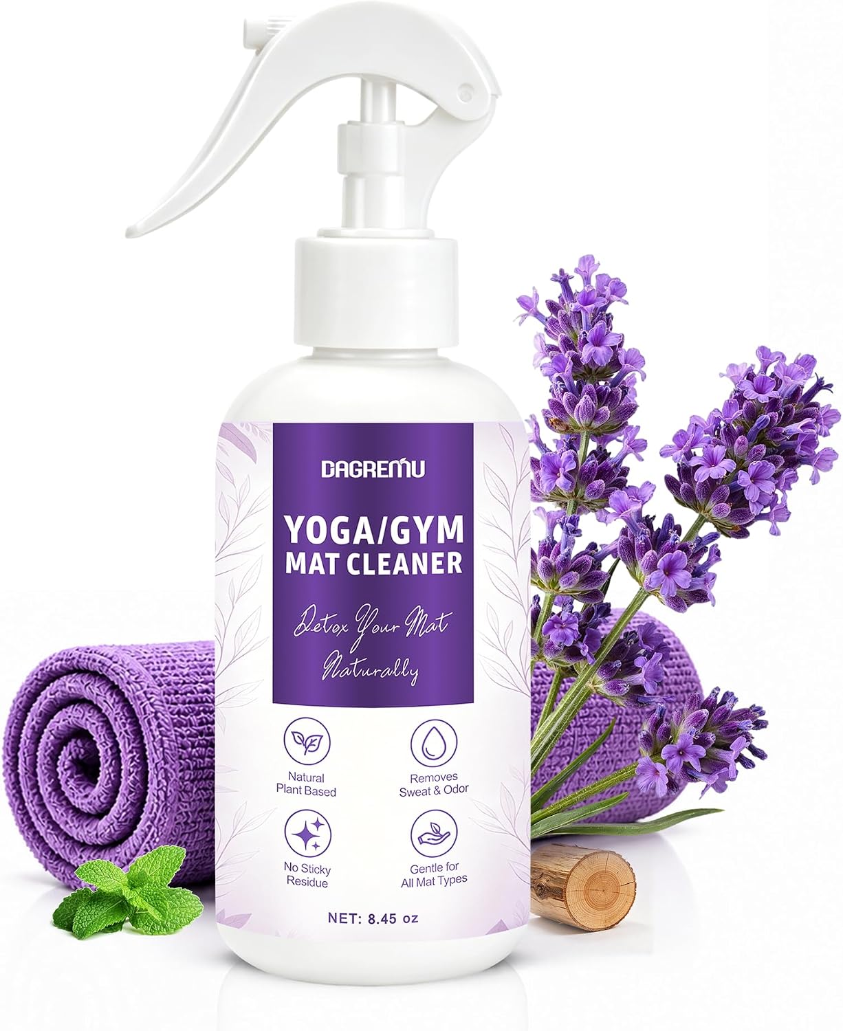 Yoga Mat Cleaner Spray - Powered By Essential Oil,Natural Plant Based | No Sticky Residue | Removes Sweat & Odor | Safe for All Mats(Yoga & Pilates)–Microfiber Towel Included (8.45oz, Lavender)
