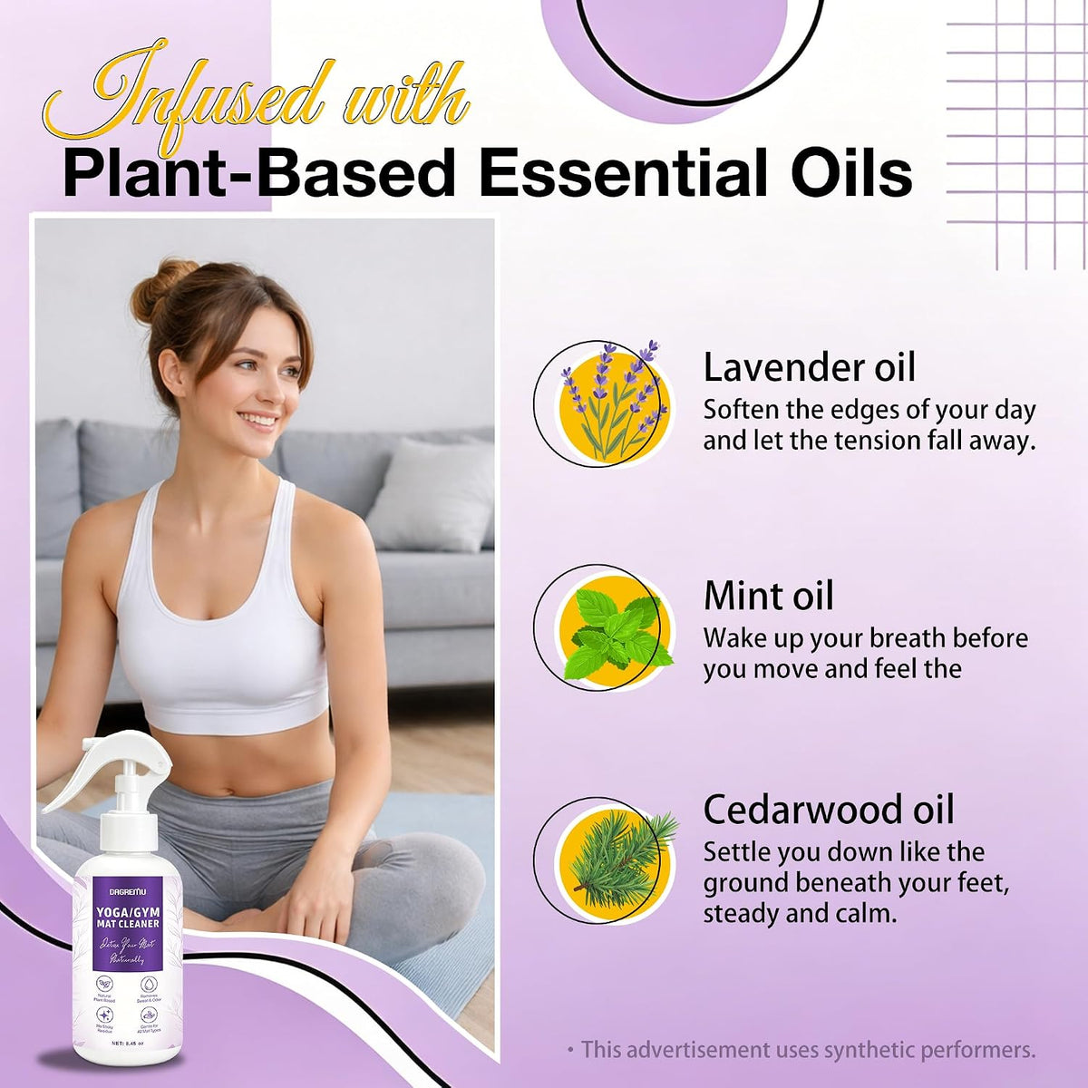 Yoga Mat Cleaner Spray - Powered By Essential Oil,Natural Plant Based | No Sticky Residue | Removes Sweat & Odor | Safe for All Mats(Yoga & Pilates)–Microfiber Towel Included (8.45oz, Lavender)
