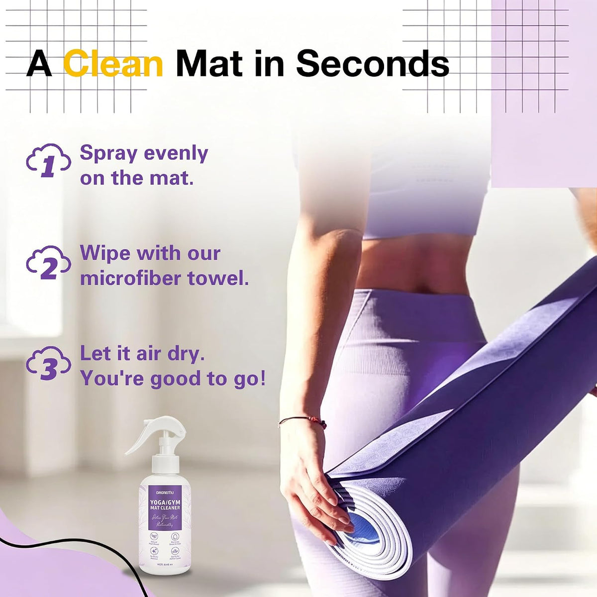 Yoga Mat Cleaner Spray - Powered By Essential Oil,Natural Plant Based | No Sticky Residue | Removes Sweat & Odor | Safe for All Mats(Yoga & Pilates)–Microfiber Towel Included (8.45oz, Lavender)