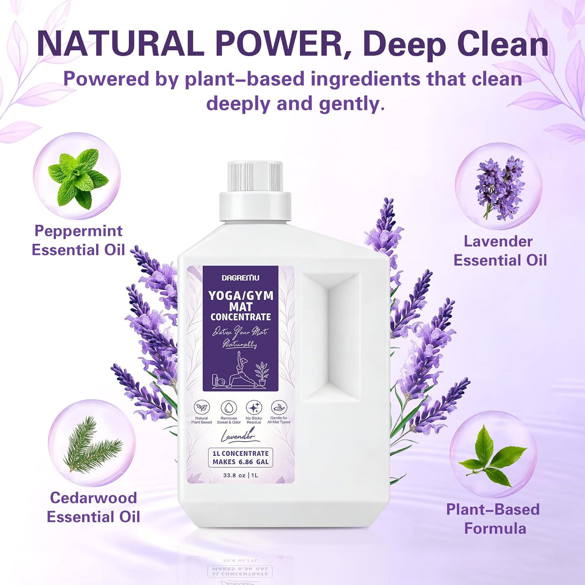 Yoga Mat Cleaner Spray - Powered By Essential Oil,Natural Plant Based | No Sticky Residue | Removes Sweat & Odor | Safe for All Mats(Yoga & Pilates)–Microfiber Towel Included (8.45oz, Lavender)