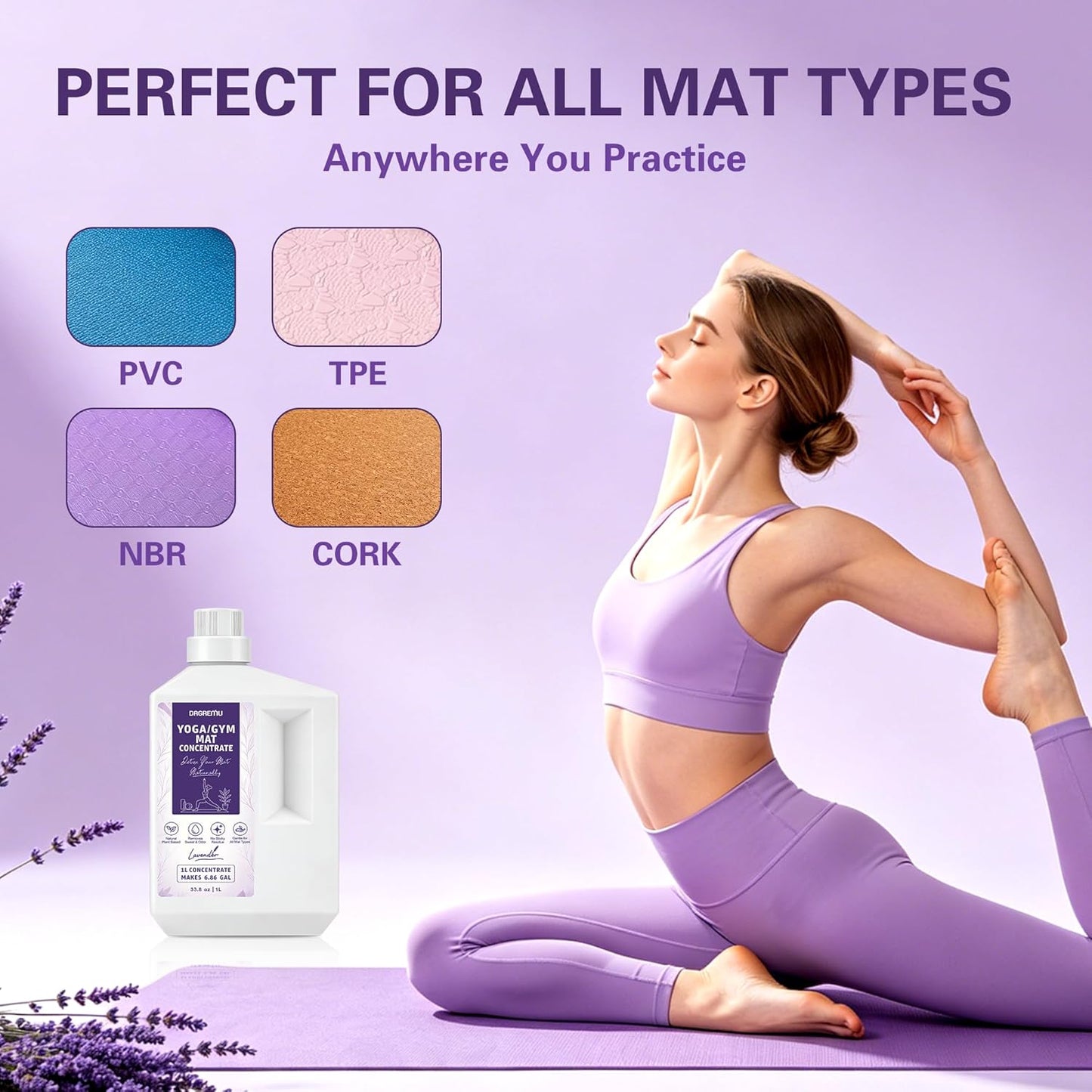 Yoga Mat Cleaner Spray - Powered By Essential Oil,Natural Plant Based | No Sticky Residue | Removes Sweat & Odor | Safe for All Mats(Yoga & Pilates)–Microfiber Towel Included (8.45oz, Lavender)