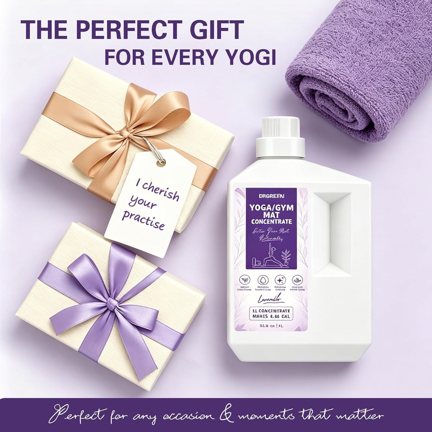 Yoga Mat Cleaner Spray - Powered By Essential Oil,Natural Plant Based | No Sticky Residue | Removes Sweat & Odor | Safe for All Mats(Yoga & Pilates)–Microfiber Towel Included (8.45oz, Lavender)