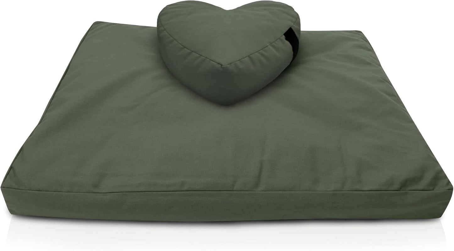 Meditation Cushion Mat Set - Zafu Floor Pillow Organic Buckwheat Pillow + Cotton Filled Zabuton Prayer Pad - Meditation Pillow Yoga Knee Pad - Made in USA - 14" Round or 18" Oval