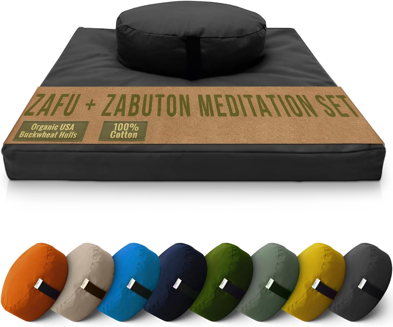 Meditation Cushion Mat Set - Zafu Floor Pillow Organic Buckwheat Pillow + Cotton Filled Zabuton Prayer Pad - Meditation Pillow Yoga Knee Pad - Made in USA - 14" Round or 18" Oval