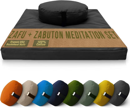 Meditation Cushion Mat Set - Zafu Floor Pillow Organic Buckwheat Pillow + Cotton Filled Zabuton Prayer Pad - Meditation Pillow Yoga Knee Pad - Made in USA - 14" Round or 18" Oval