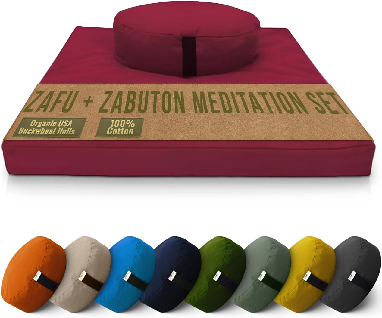 Meditation Cushion Mat Set - Zafu Floor Pillow Organic Buckwheat Pillow + Cotton Filled Zabuton Prayer Pad - Meditation Pillow Yoga Knee Pad - Made in USA - 14" Round or 18" Oval