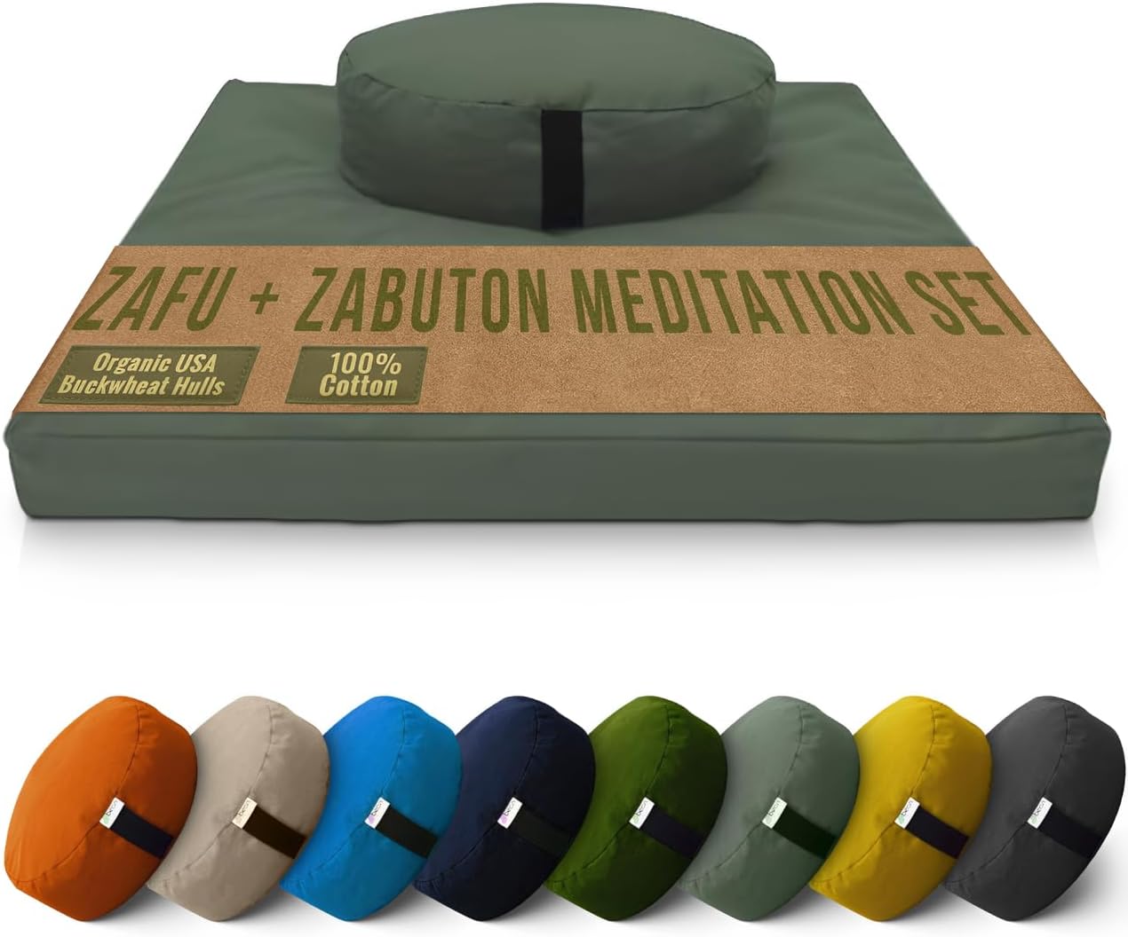 Meditation Cushion Mat Set - Zafu Floor Pillow Organic Buckwheat Pillow + Cotton Filled Zabuton Prayer Pad - Meditation Pillow Yoga Knee Pad - Made in USA - 14" Round or 18" Oval