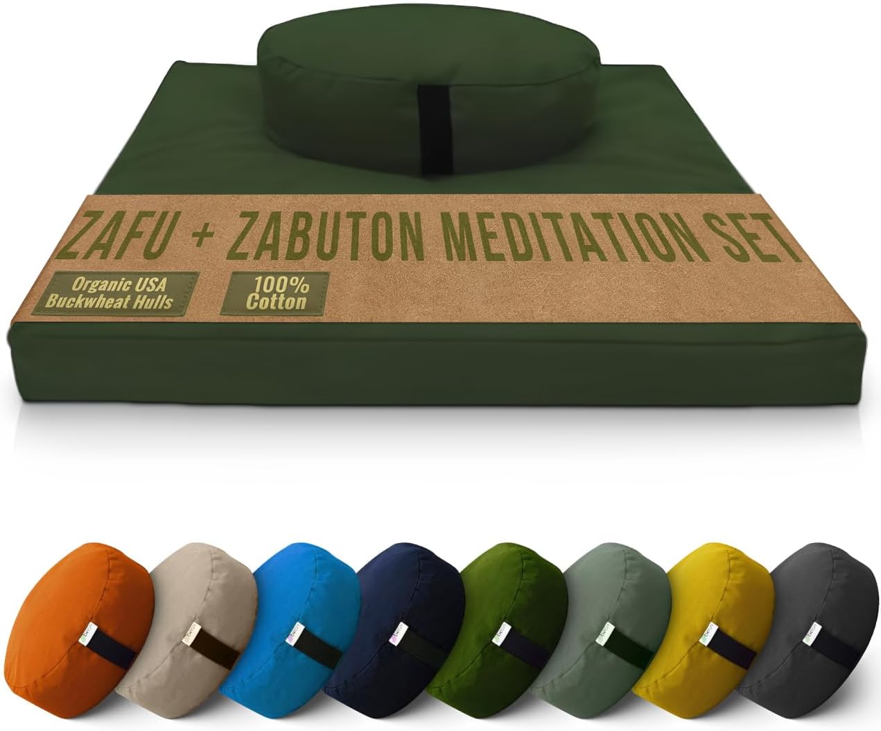 Meditation Cushion Mat Set - Zafu Floor Pillow Organic Buckwheat Pillow + Cotton Filled Zabuton Prayer Pad - Meditation Pillow Yoga Knee Pad - Made in USA - 14" Round or 18" Oval