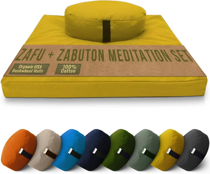 Meditation Cushion Mat Set - Zafu Floor Pillow Organic Buckwheat Pillow + Cotton Filled Zabuton Prayer Pad - Meditation Pillow Yoga Knee Pad - Made in USA - 14" Round or 18" Oval